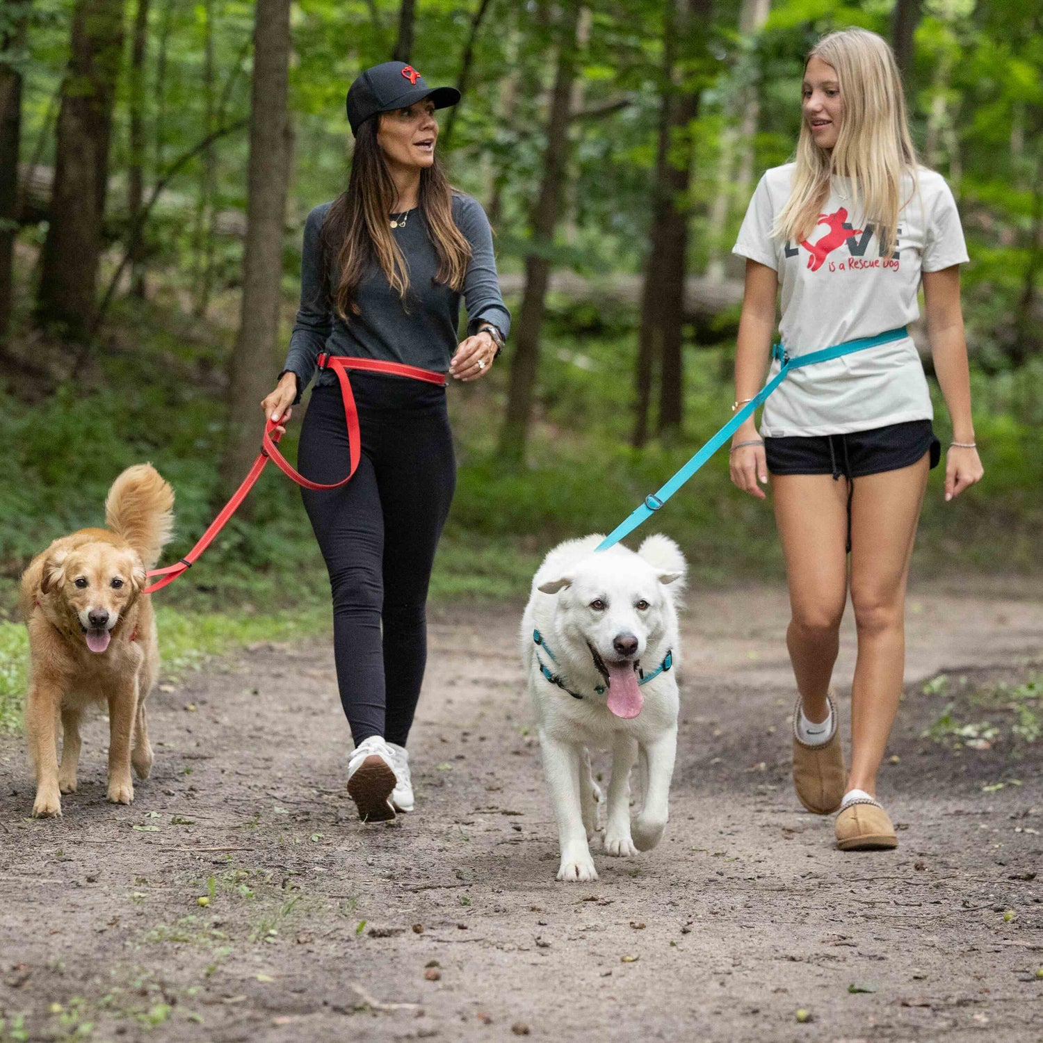 Two women walking two dogs on a trail in a forest
