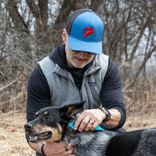 Person kneeling with two dogs in a natural outdoor setting